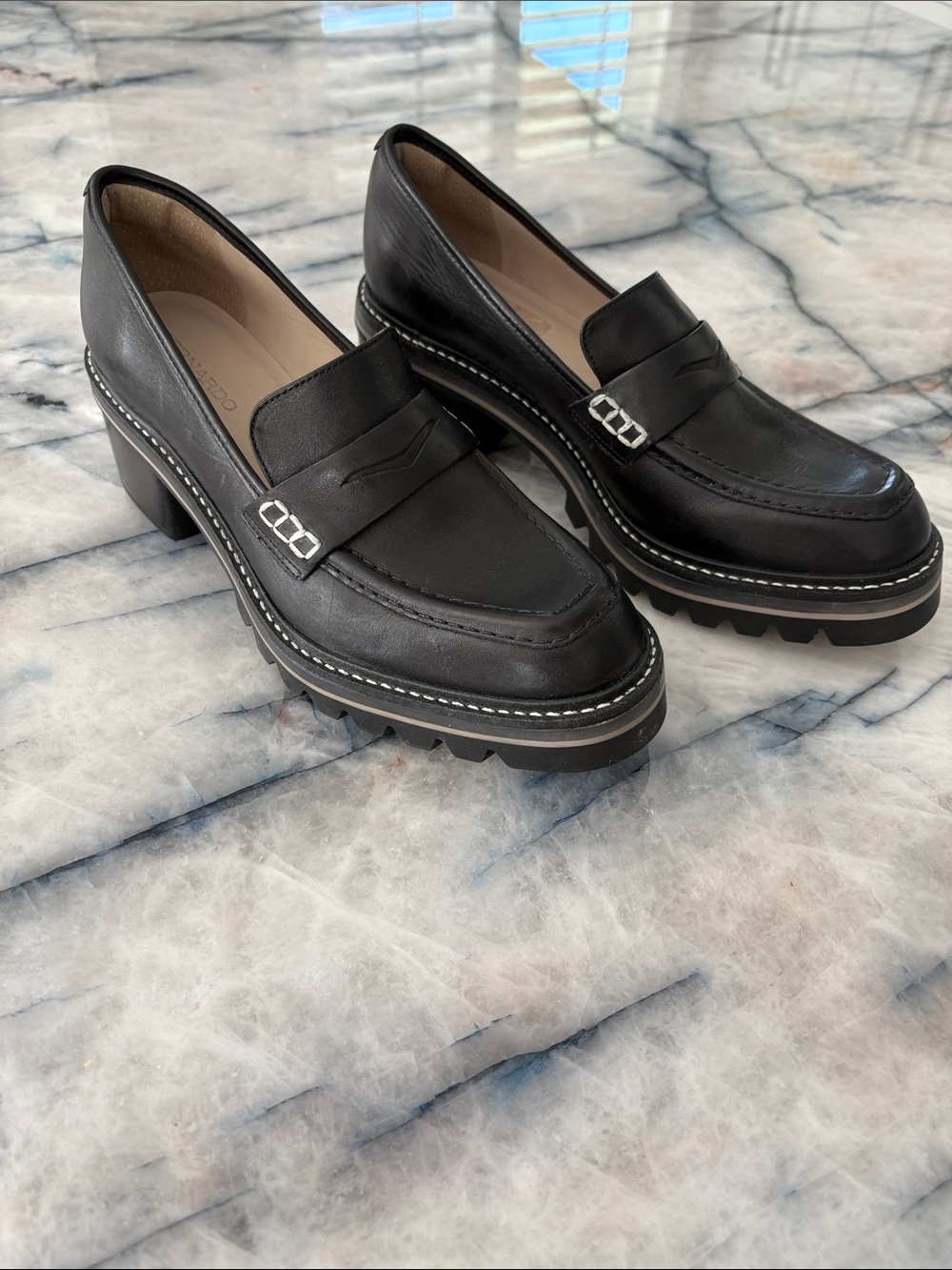 Bernardo Black Leather Chunky Heel Loafers